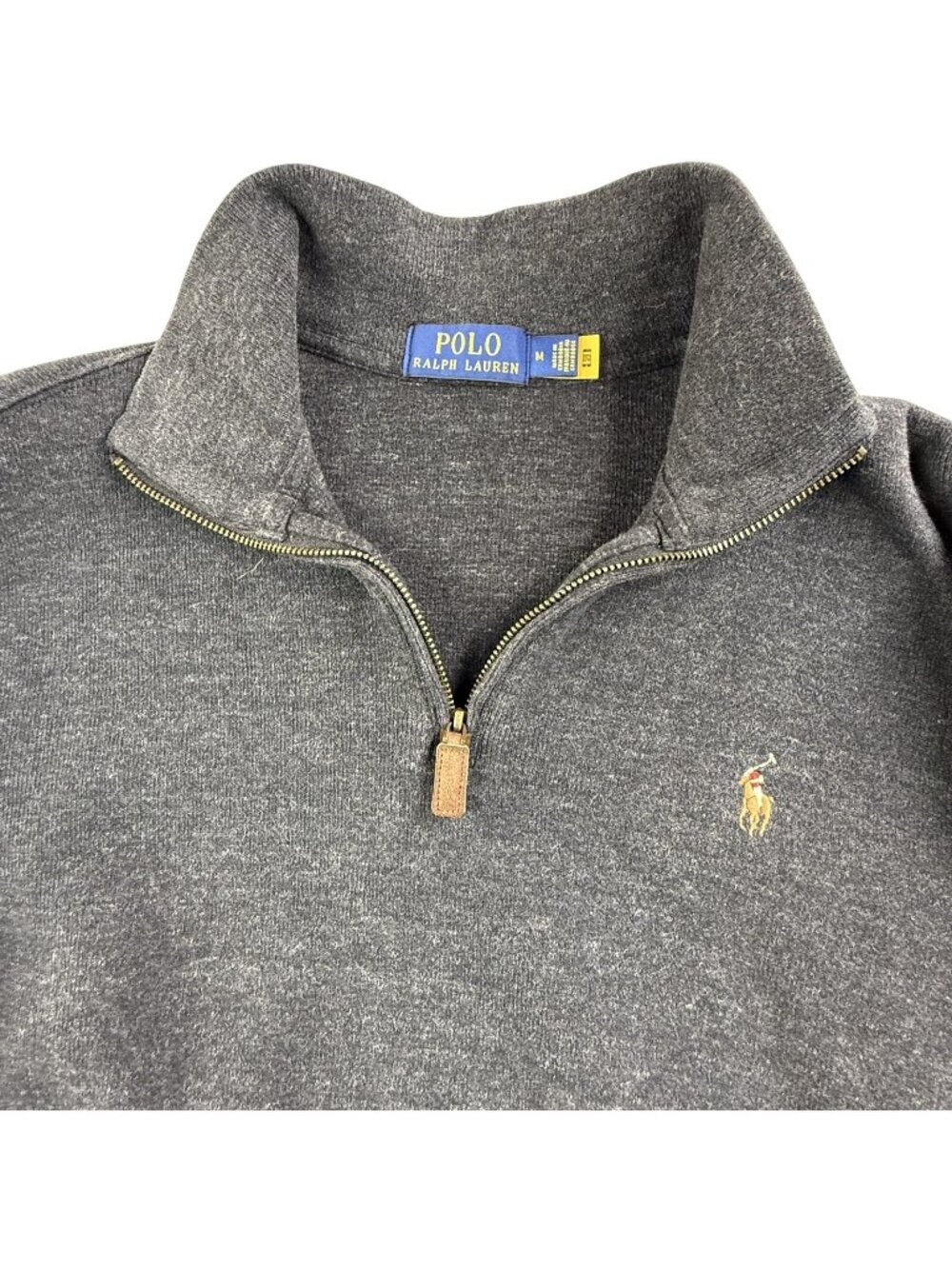 Polo Ralph Lauren Sweater Mens Medium Gray 1/4 Zip Mock Neck Pullover Flesh Pony